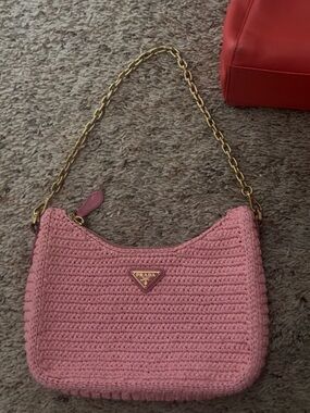 Prada Re edition Pink Raffia Shoulder Bag with Gold Chain Strap